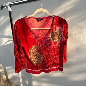 Y2K Boho Red Multicolor Paisley Beaded Top Size XL